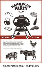 Vintage bbq party poster template. Grill, steak, meat, beer bottle and mug. Cow, pork, chicken butcher diagram. Vector illustration