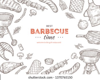 Vintage bbq poster. Barbeque doodle grill chicken barbecue grilled vegetables fried steak meat picnic summer party vector invitation. Illustration of summer barbecue meat, grill chicken and steak