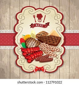 Vintage BBQ steak prawn lobster label set template