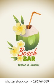 Vintage Beach Bar poster with a cocktail in green coconut. Summer poster