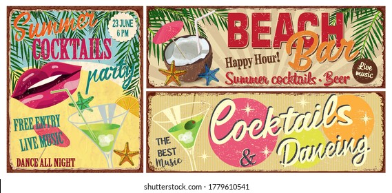 Vintage Beach Bar posters.Summer cocktails,beach,palm metal sign.