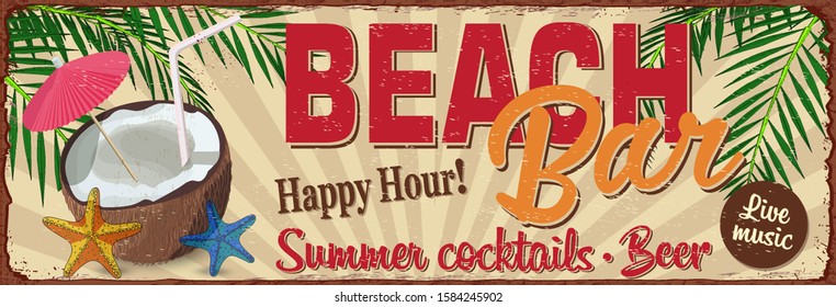 Vintage Beach Bar poster.Summer cocktails,beach,palm metal sign.