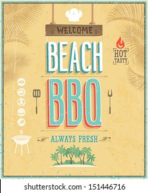 Vintage Beach BBQ poster. Vector background.