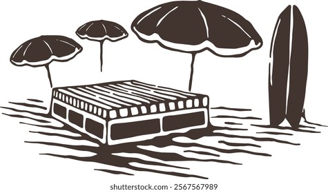 Vintage Beach Chair and Umbrella Illustration – A classic black-and-grey depiction of a timeless seaside setup featuring a wooden beach chair and a striped umbrella.