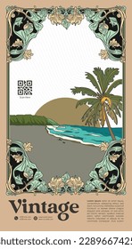 Vintage beach and coconut tree design concept frame border with Art nouveau style 