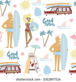 Vintage beach elements. Colored vector seamless pattern