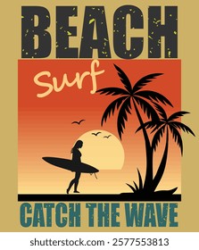 Vintage Beach Graphic with Surfer Silhouette T-Shirt Design