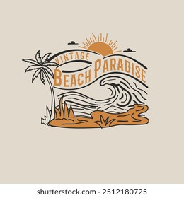 Vintage beach paradise typography summer waves sunset hand drawn graphic tee