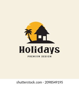 entrada vintage de playa con símbolo de los cocoteros icono vector gráfico ilustración idea creativa