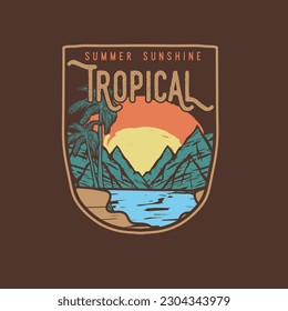 Vintage beach scene vector illustration tropical sunshine mountain palm tree badge design