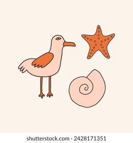 Vintage beach seagull and seashell. Vector retro hand drawn groovy illustration posters t-shirts and stickers