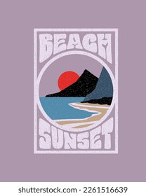 Vintage Beach Sunset Nature Typography Landscape scenery sunset retro illustration beach graphics poster for t shirt print, sticker vector