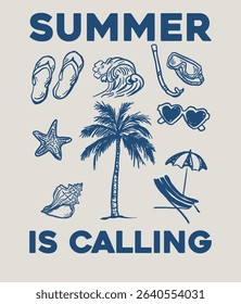 Vintage Beach Vector, Summer tropical women's, girls Retro T-shirt Design, summer vibes hand draw, summer slogan with beach elements illustration print design.
