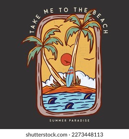 Vintage Beach Wave Beach Summer Surfing Paradise. California summer holiday style with waves surfing palms. t-shirt prints, posters, and other uses.