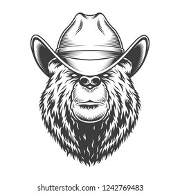 Vintage bear head in cowboy hat in monochrome style isolated vector illustration