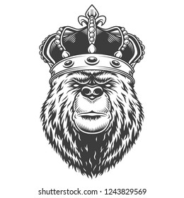 Vintage bear head in royal crown in monochrome style isolated vector illustration