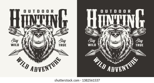 Vintage bear hunting monochrome label with grizzly head and crossed arrows isolated vector illustration