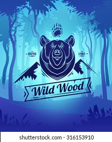 Vintage bear labels. Retro vector design graphic element,  for your design or poster. Wood background. Hunter woods background.