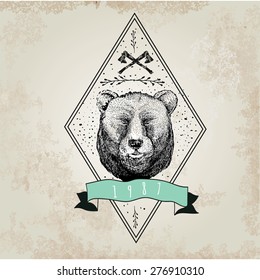 Vintage  Bear logo. Design for t-shirt apparel print fashion design, graphic tee, vector illustration of bear on surfboard.