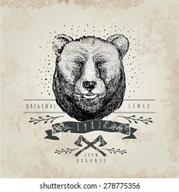 Vintage  Bear logo. Design for t-shirt apparel print fashion design, graphic tee, vector illustration of bear on surfboard.