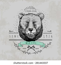 Vintage  Bear logo. Design for t-shirt apparel print fashion design, graphic tee, vector illustration of bear on surfboard.