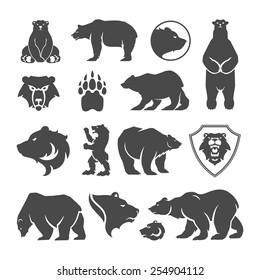 Vintage bear mascot, emblems, symbols, icons set. Can be used for T-shirts print, labels, badges, stickers, logotypes vector illustration.
