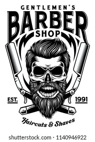 Vintage Bearded Barber Skull With Crossed Razors 