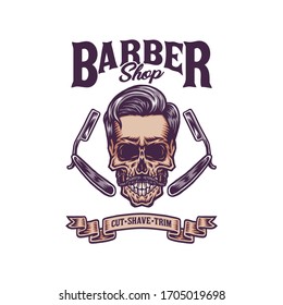 Vintage bearded barber skull, hand drawn line with digital color, vector illustration