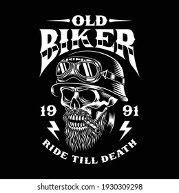 Vintage Bearded Biker Skull Smoking Cigar Vector Illustration