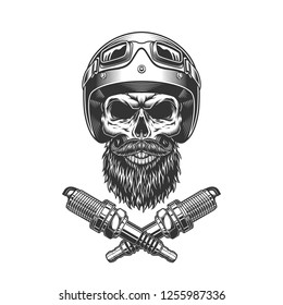 Vintage bearded and mustached motorcyclist skull in moto helmet goggles and crossed spark plugs isolated vector illustration