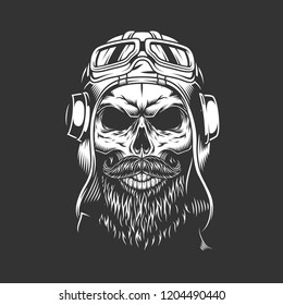 Vintage bearded and mustached pilot skull in helmet and goggles isolated vector illustration