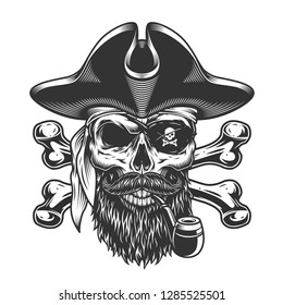 Vintage bearded and mustached pirate skull smoking pipe with eye patch and crossbones isolated vector illustration