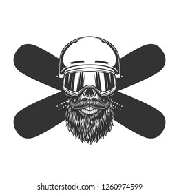 Vintage bearded and mustached snowboarder skull in helmet mask and crossed snowboards isolated vector illustration