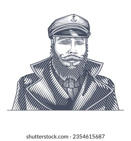 Vintage bearded sailor label. Vector illustration of seaman in engraving technique isolated on white background.  