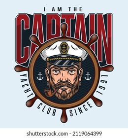 Vintage bearded sailor smoking pipe, marine emblem with sea captain in hat and helm of the ship isolated vector illustration. Design for t-shirts