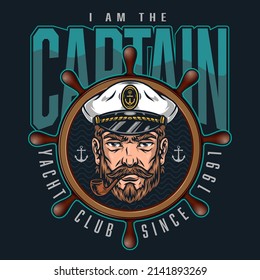 Vintage bearded sailor smoking pipe, marine logo with sea captain in hat and helm of the ship isolated vector illustration. Design for yachting club