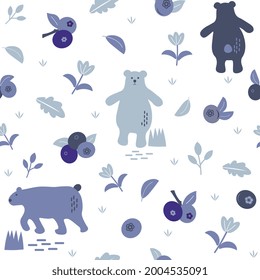 Vintage bears and blueberries seamless pattern.  Retro floral surface backdrop for cards, fabric, textile, wallpaper and gift wrapping paper. Vector illustration. Pattern design added to swatch panel.