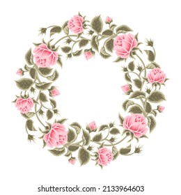 Vintage Beautiful And Aesthetic Hand Drawn Wedding Rose Flower Frame Wreath Vector Illustration With Botanical Leaf Branch And Natural Floral Bud Elements