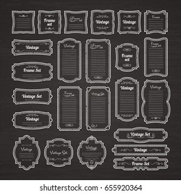 Vintage beautiful borders isolate on black chalkboard. Vector illustration. Ornament frame retro, banner menu template