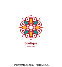 Vintage beautiful circular logo for boutique, flower shop, business, interior. Company mark, emblem, element. Simple geometric mandala logotype. Kaleidoscope big bud. Surround abstract blossom.