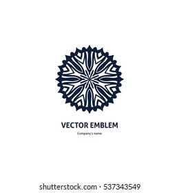 Vintage beautiful circular logo for boutique, flower shop, business, interior. Company mark, emblem, element. Simple geometric mandala logotype. Kaleidoscope big bud. Surround abstract blossom.