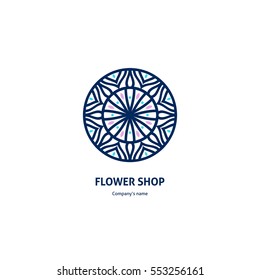 Vintage beautiful circular logo for boutique, flower shop, business, interior. Company mark, emblem, element. Simple geometric mandala logotype. Kaleidoscope big bud. Surround abstract blossom.