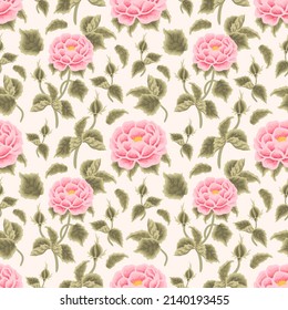 Vintage beautiful feminine hand drawn garden rose flower seamless pattern vector illustration