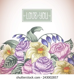 Vintage beautiful floral bouquet, botanical greeting card 