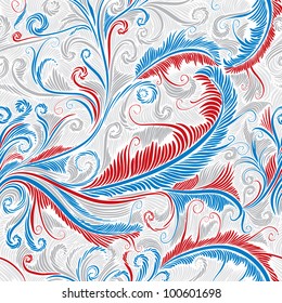 Vintage beautiful floral seamless pattern with feathers in blue red and grey colors.