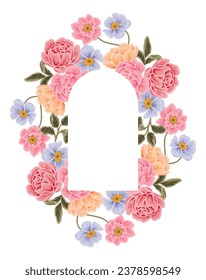 Vintage beautiful hand drawn wedding flower frame wreath vector illustration design with lilac florals, red rose, peony, tulip, botanical leaf branch and floral bud elements