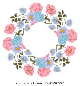 Vintage beautiful hand drawn wedding flower frame wreath vector illustration design with blue rose, pink peony, tulip, botanical leaf branch and floral bud elements