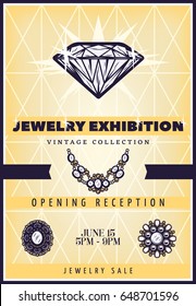 Vintage beautiful jewelry exhibition poster with expensive diamond necklace and brooches vector illustration