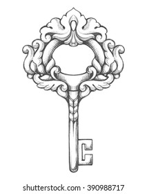 Vintage beautiful ornamental key. Vector hand drawn detailed key illustration in classic baroque style. Pencil sketch