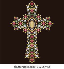 Vintage Beautiful Ornate Christian Cross From Brilliant Stones, Rhinestone Applique, Decoration For Clothing (abstract Vector Art Illustration)